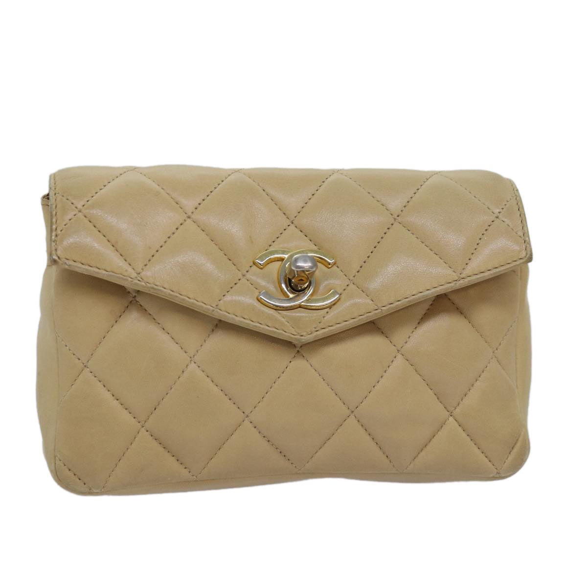 CHANEL Matelasse Waist bag Lamb Skin Beige CC Auth bs15008