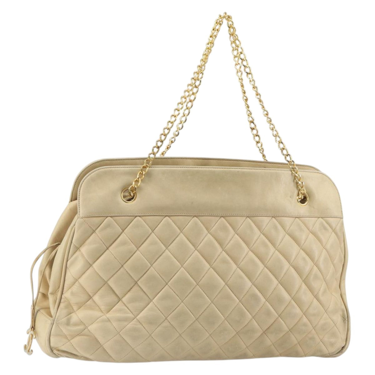 CHANEL Matelasse Chain Shoulder Bag Lamb Skin Beige CC Auth bs15118