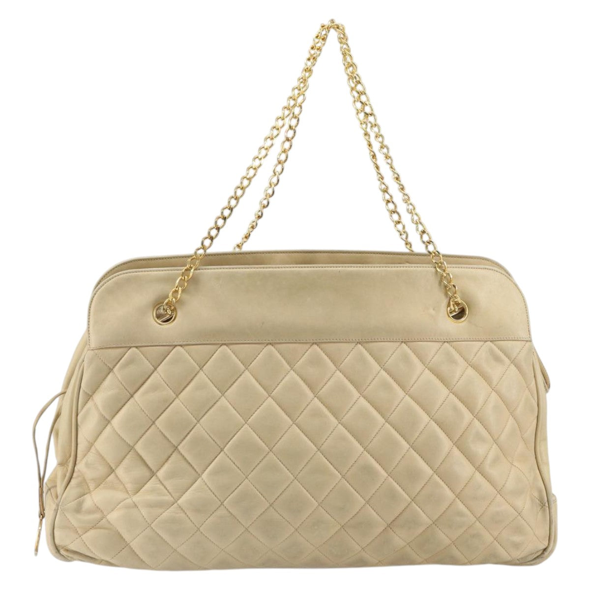 CHANEL Matelasse Chain Shoulder Bag Lamb Skin Beige CC Auth bs15118