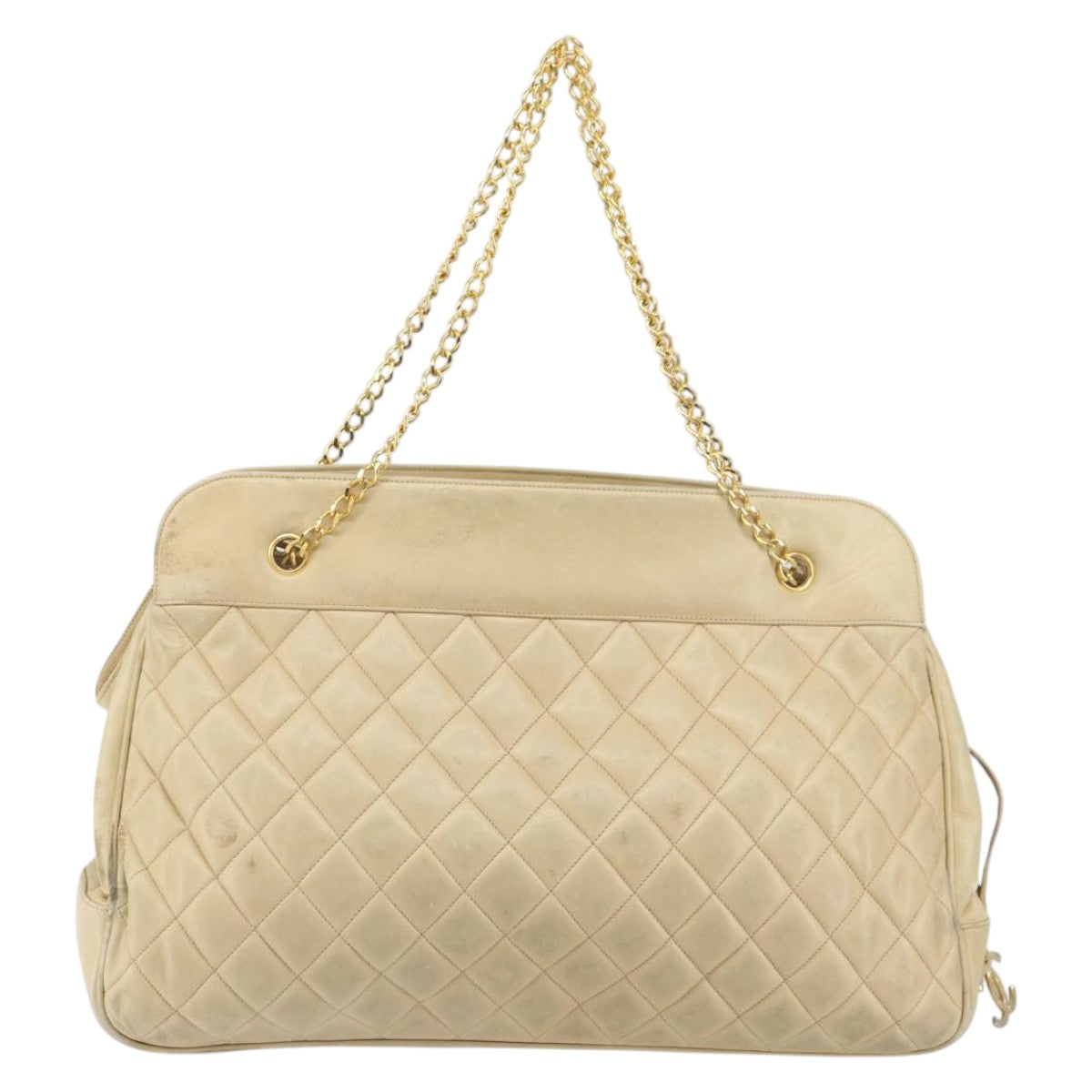 CHANEL Matelasse Chain Shoulder Bag Lamb Skin Beige CC Auth bs15118