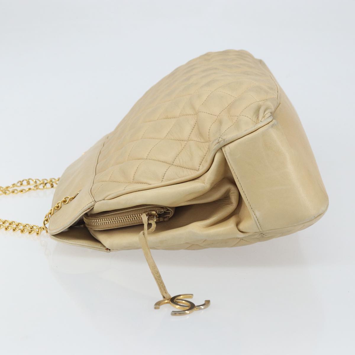 CHANEL Matelasse Chain Shoulder Bag Lamb Skin Beige CC Auth bs15118