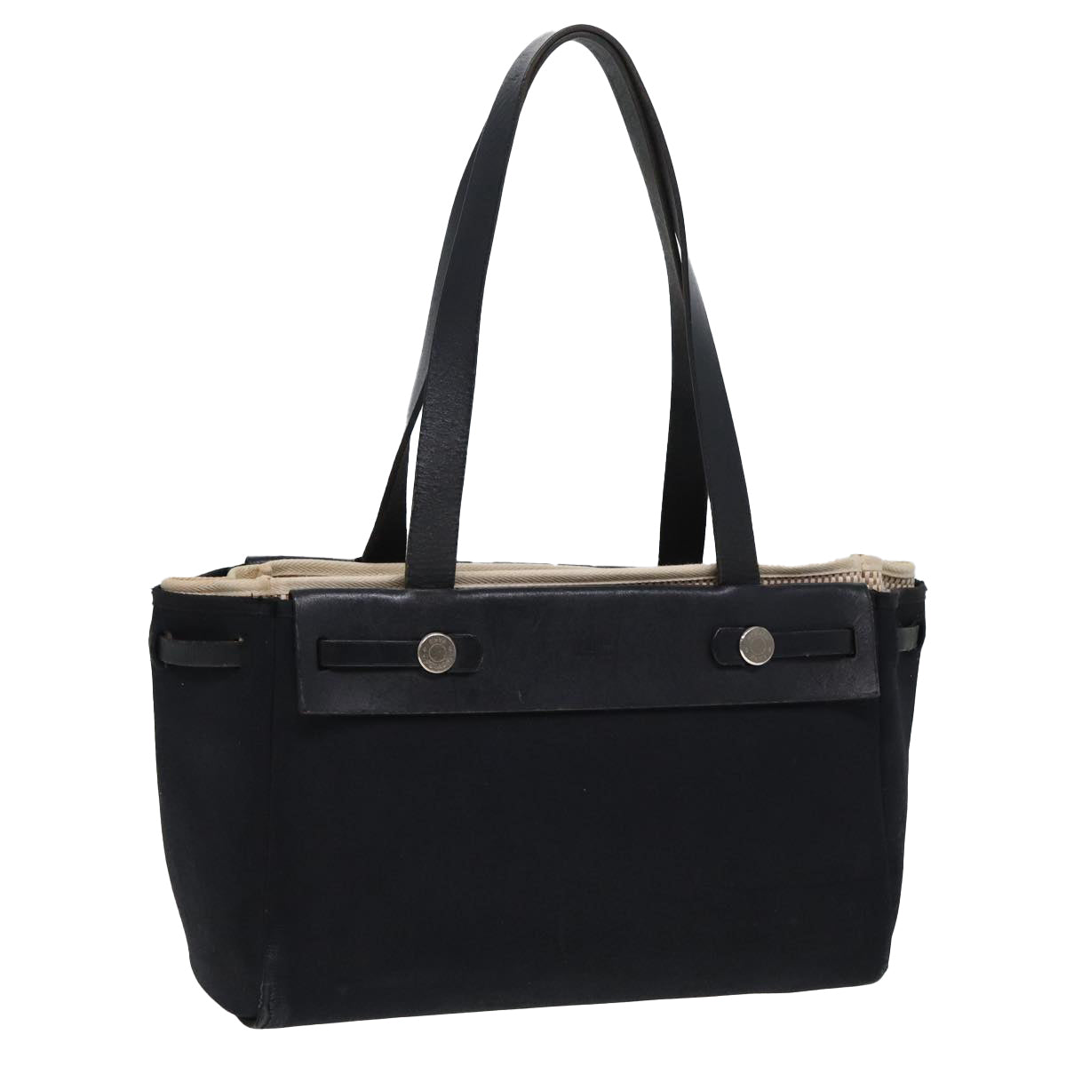 HERMES Her bag Cabas PM Hand Bag Canvas Black Auth bs15126