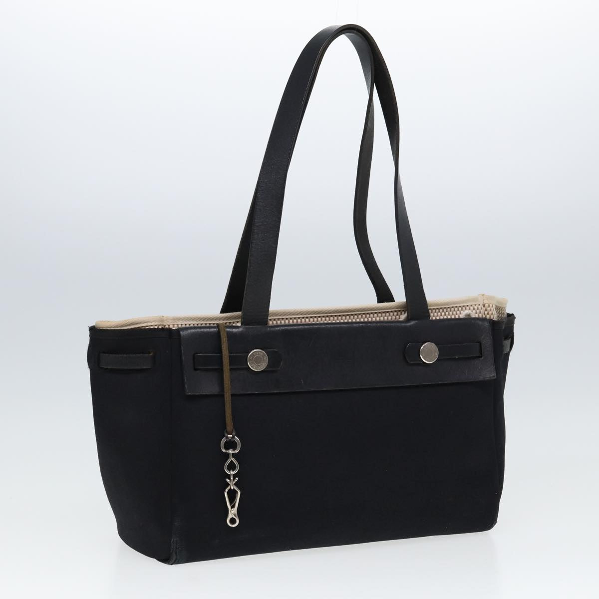 HERMES Her bag Cabas PM Hand Bag Canvas Black Auth bs15126