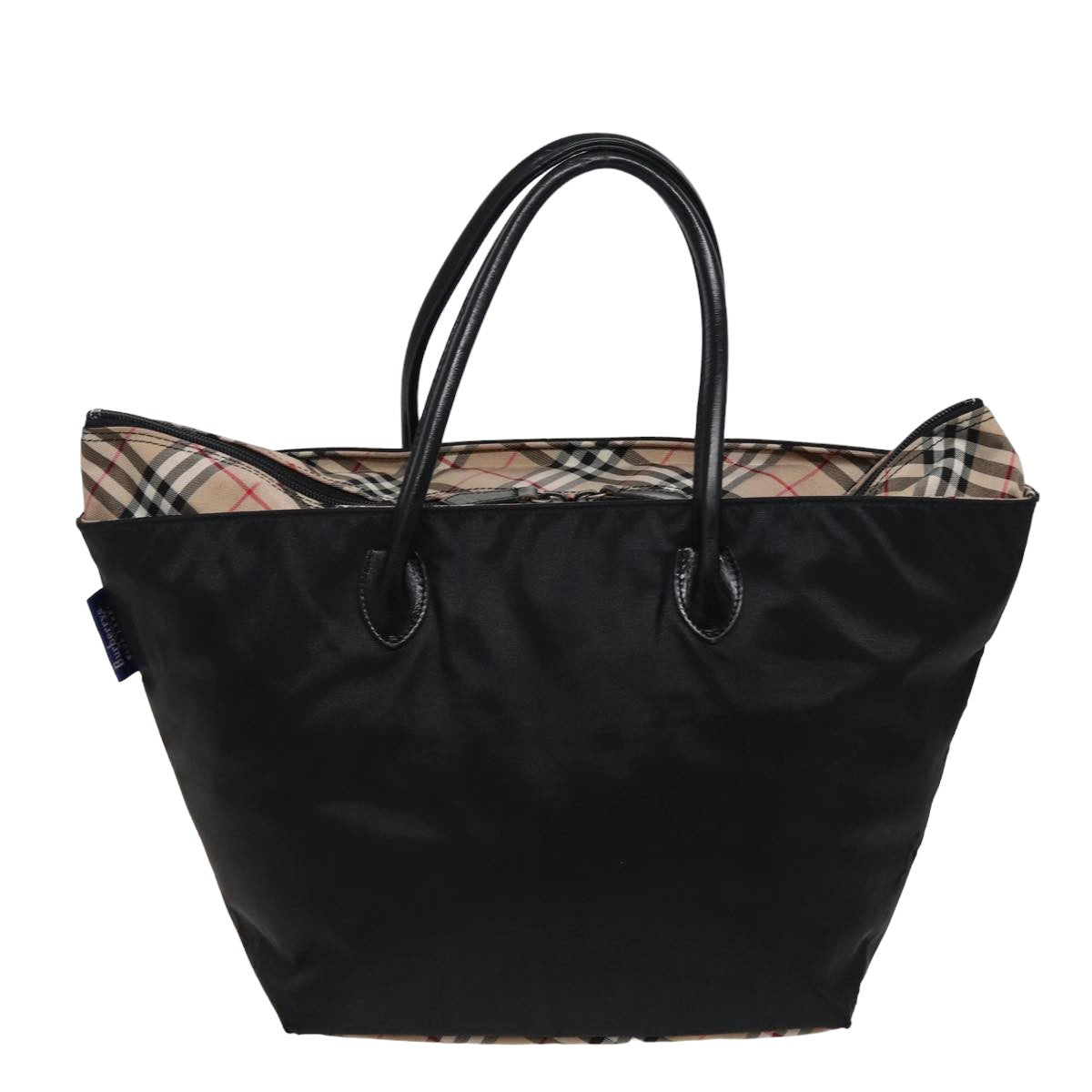 Burberrys Nova Check Blue Label Tote Bag Nylon Black Beige Auth bs15408