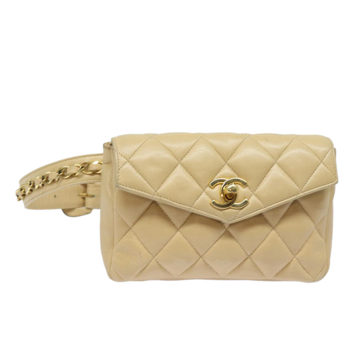 CHANEL Matelasse Waist bag Leather Beige CC Auth bs15439