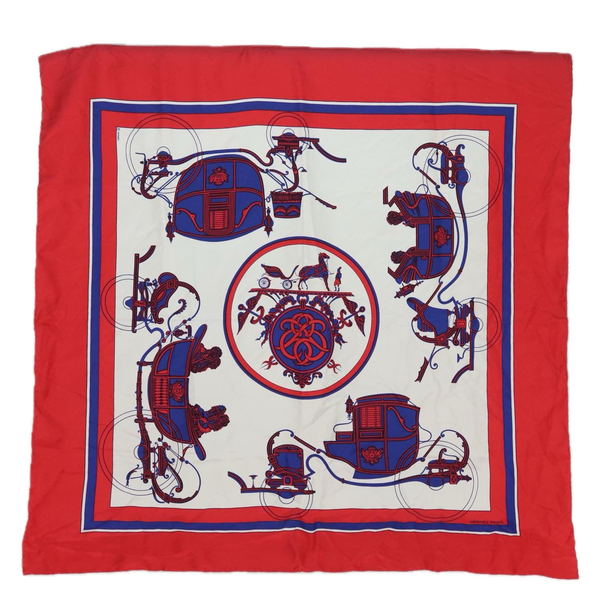 HERMES Carre 90 Scarf ""EX-LIBRIS"" Silk Red Blue Auth bs15612