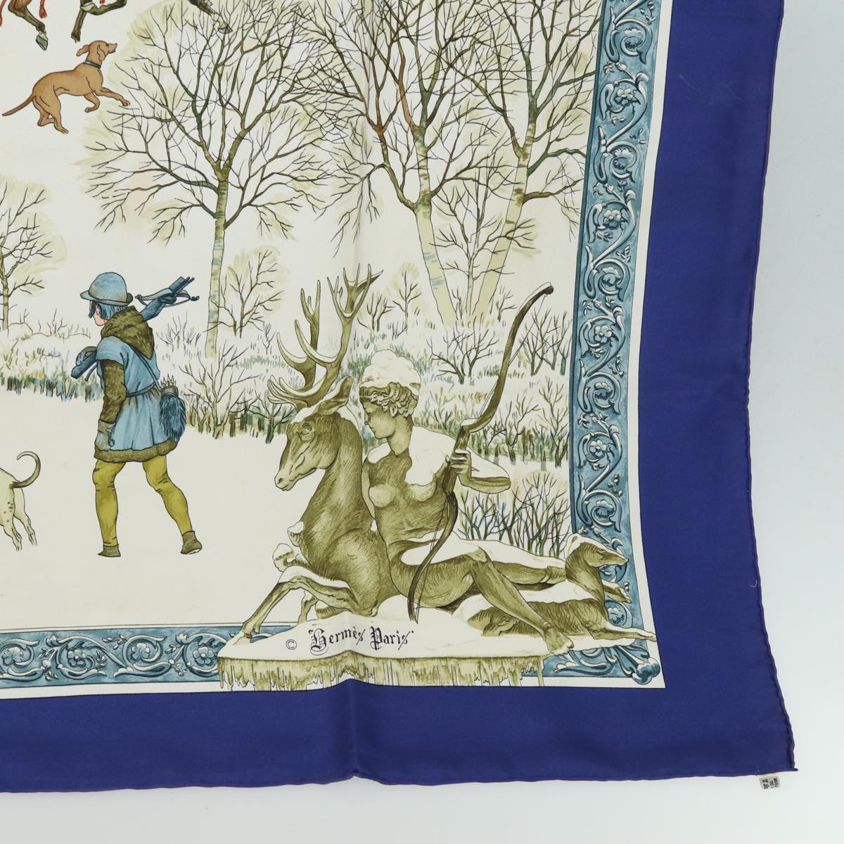 HERMES Carre 90 Scarf ""L'hiver"" Silk Blue Auth bs15613