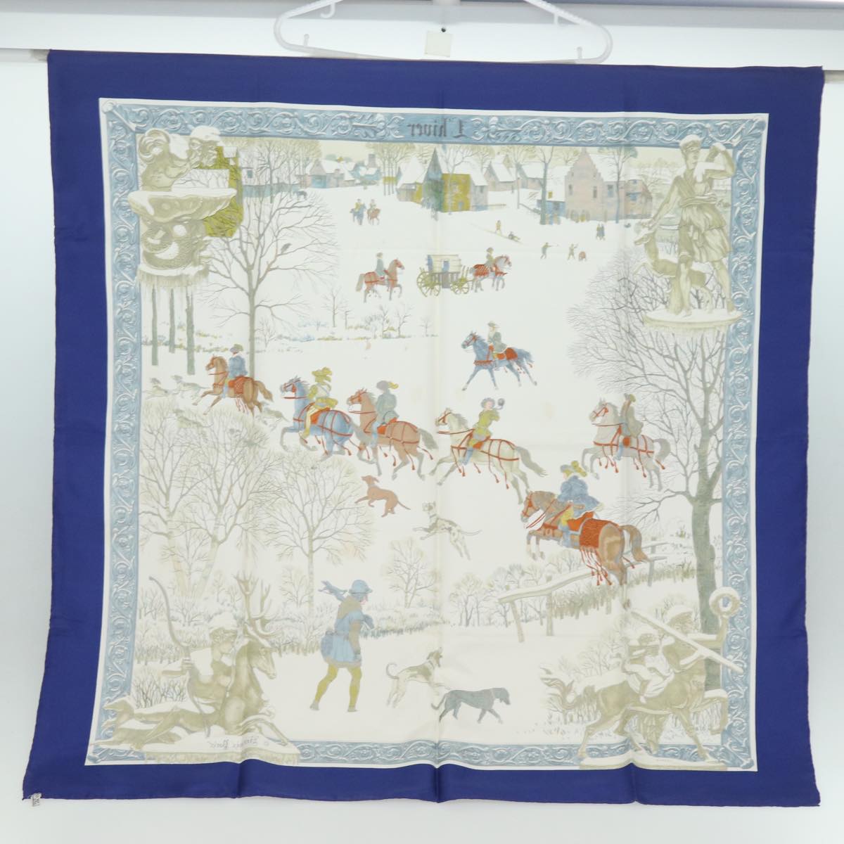 HERMES Carre 90 Scarf ""L'hiver"" Silk Blue Auth bs15613