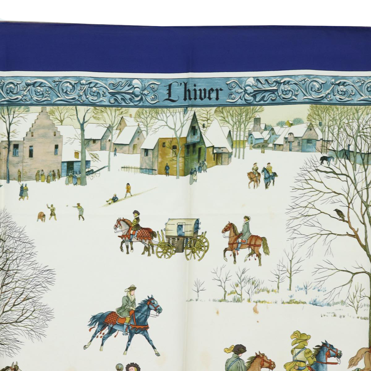 HERMES Carre 90 Scarf ""L'hiver"" Silk Blue Auth bs15613