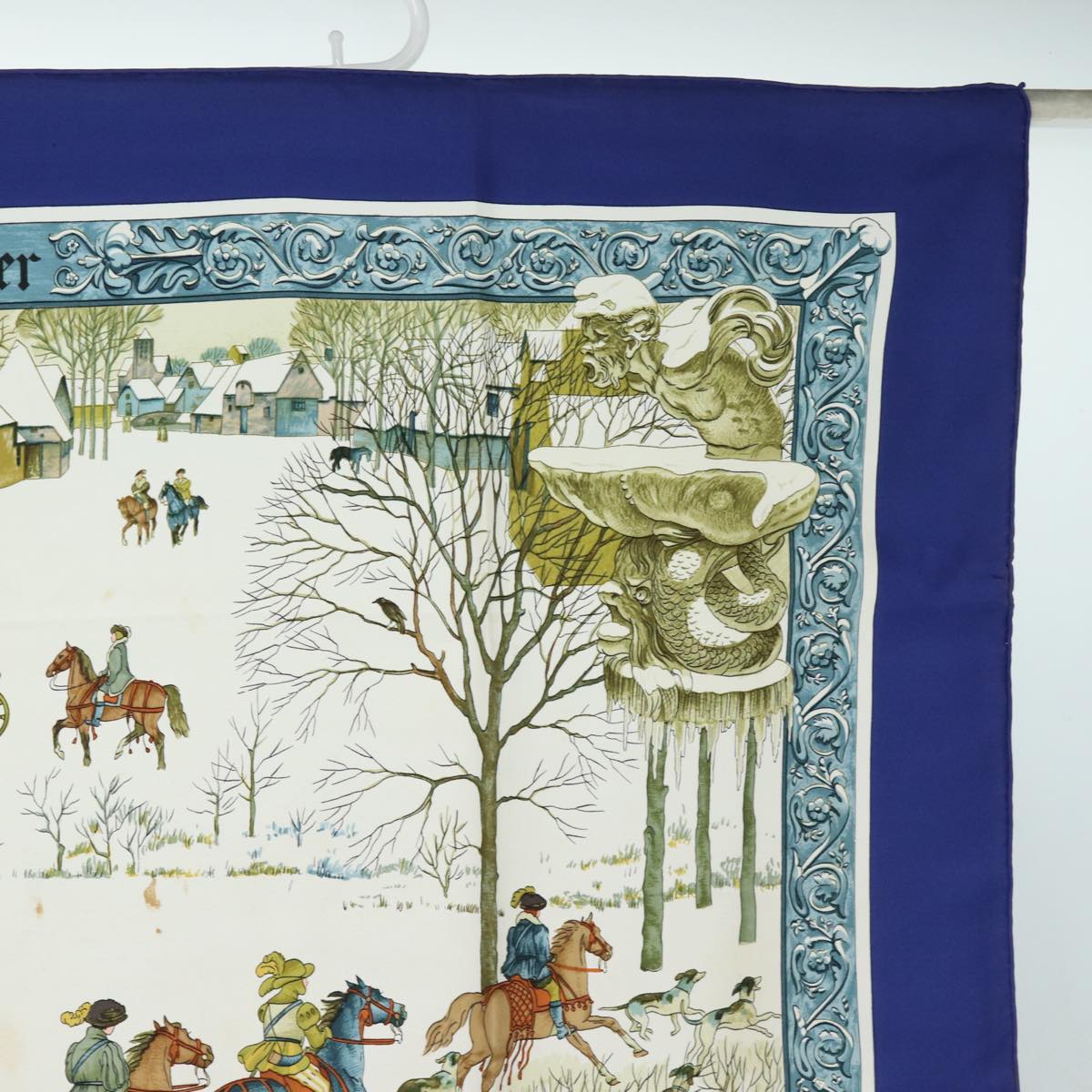 HERMES Carre 90 Scarf ""L'hiver"" Silk Blue Auth bs15613