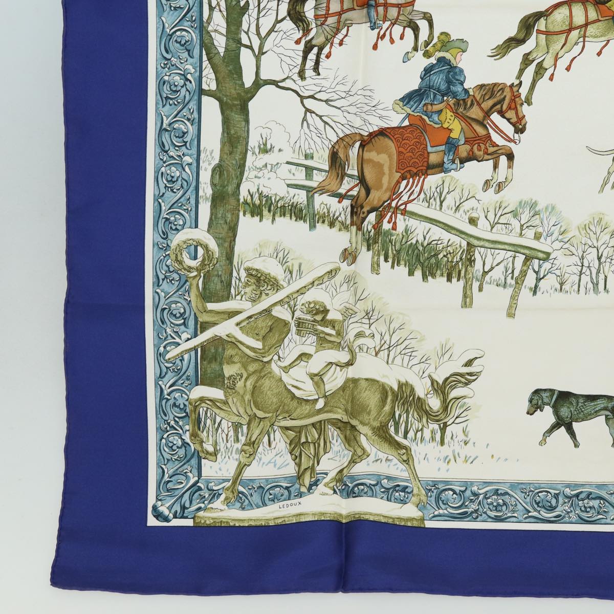 HERMES Carre 90 Scarf ""L'hiver"" Silk Blue Auth bs15613