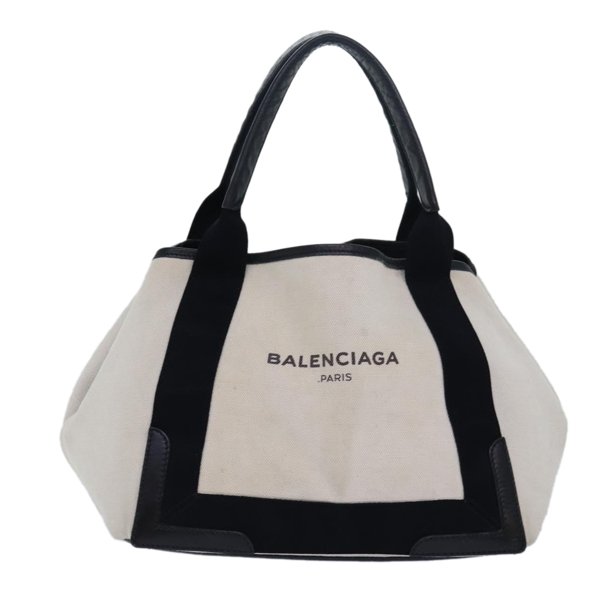 BALENCIAGA Navy Cabas S Hand Bag Canvas Leather Beige Black 339933 Auth bs15697