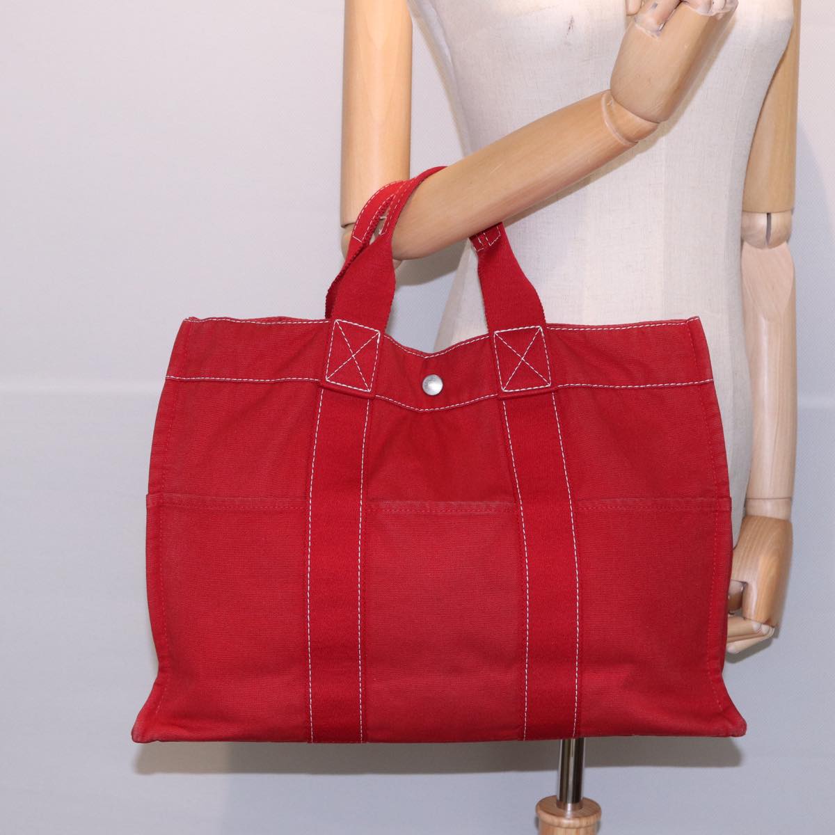 HERMES Deauville Line MM Tote Bag Canvas Red Auth bs15866