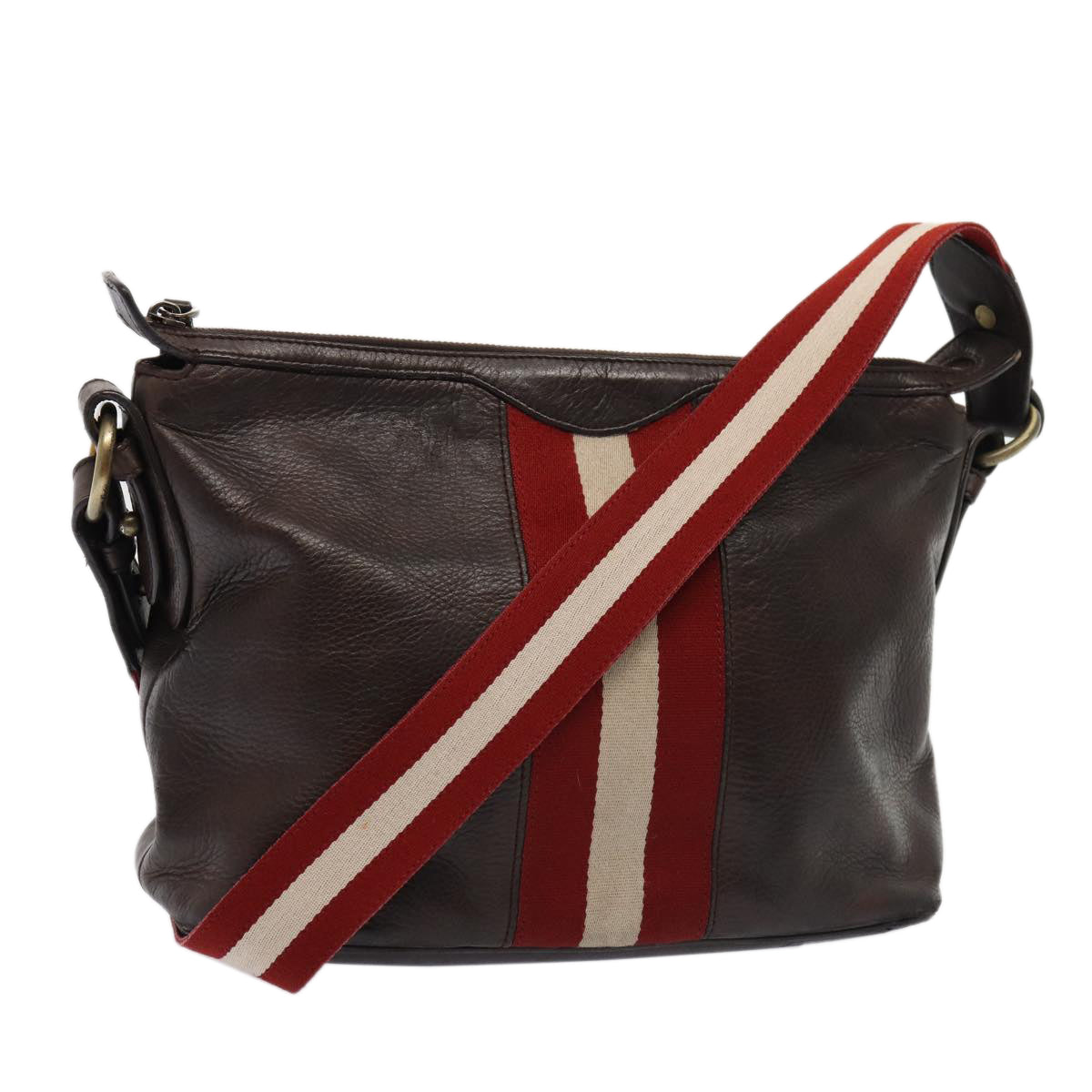 BALLY Shoulder Bag Leather Brown Red white Auth bs16242