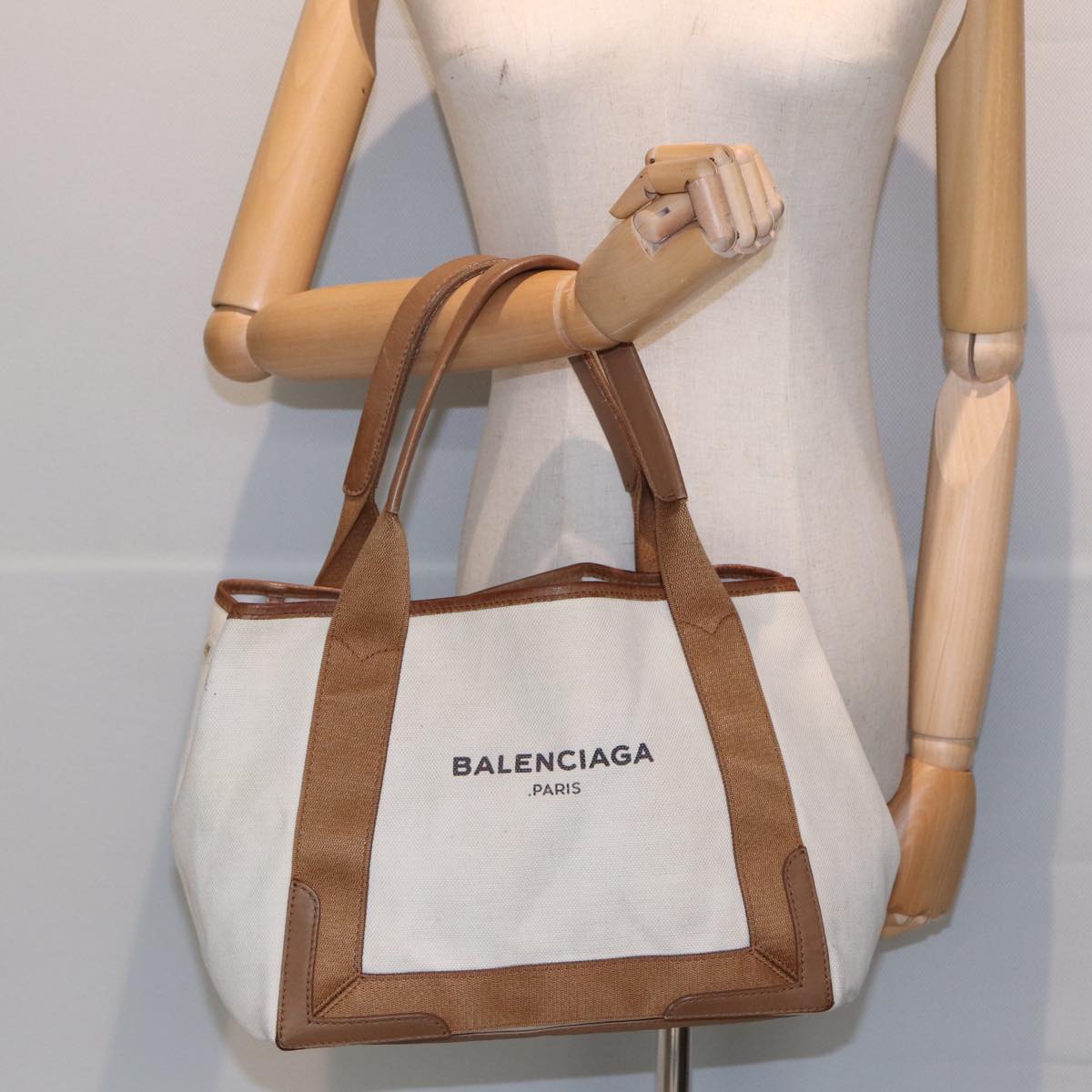 BALENCIAGA Navy kabas S Hand Bag Canvas Beige 339933 Auth bs16366