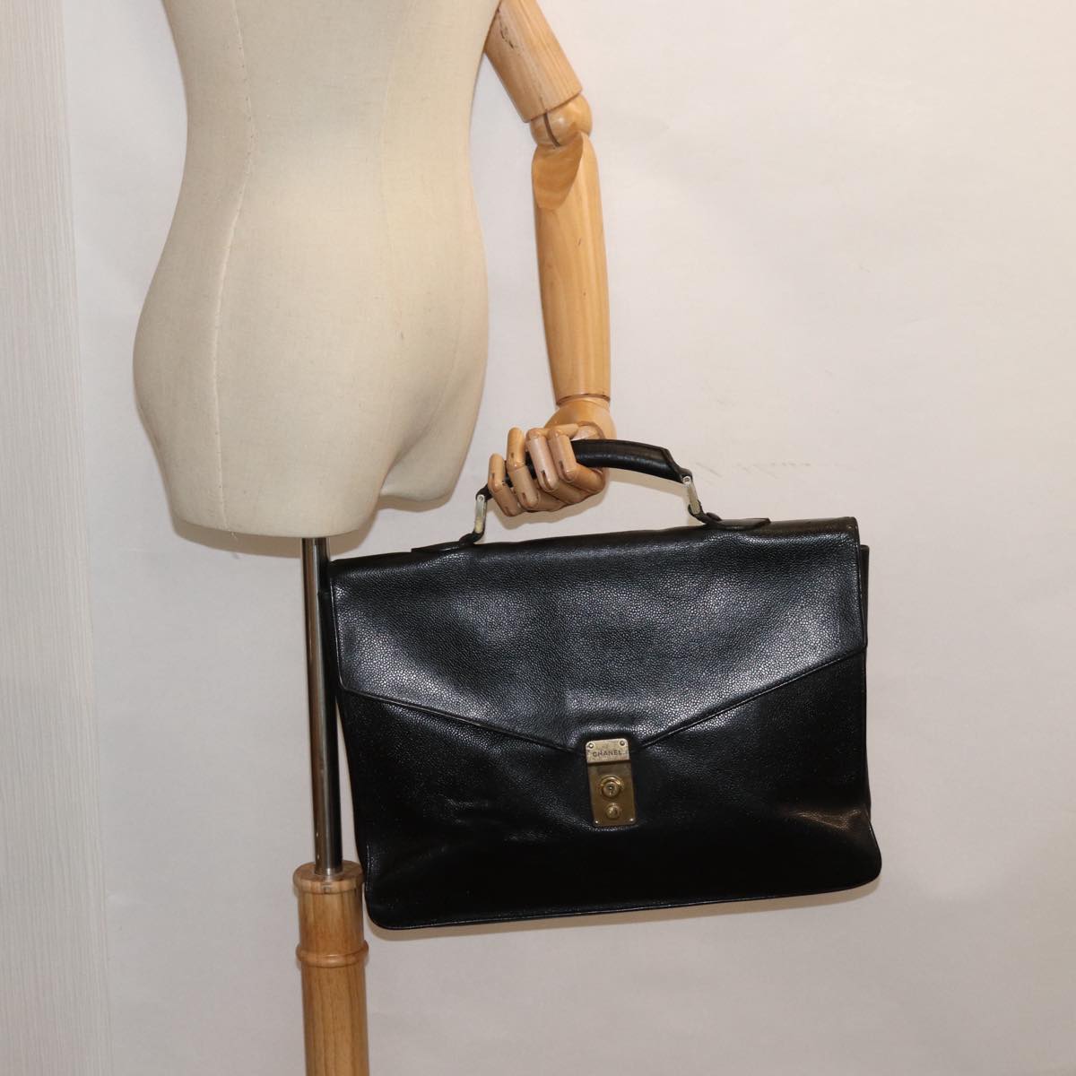 CHANEL Hand Bag Calf Skin Black CC Auth bs16380