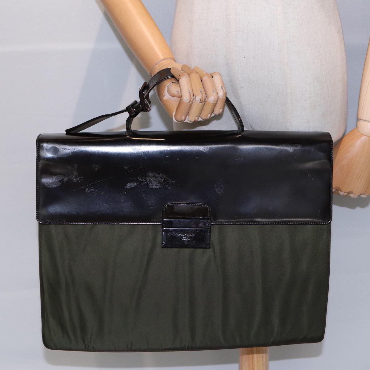 PRADA Business Bag Nylon Khaki Silver Auth bs16524