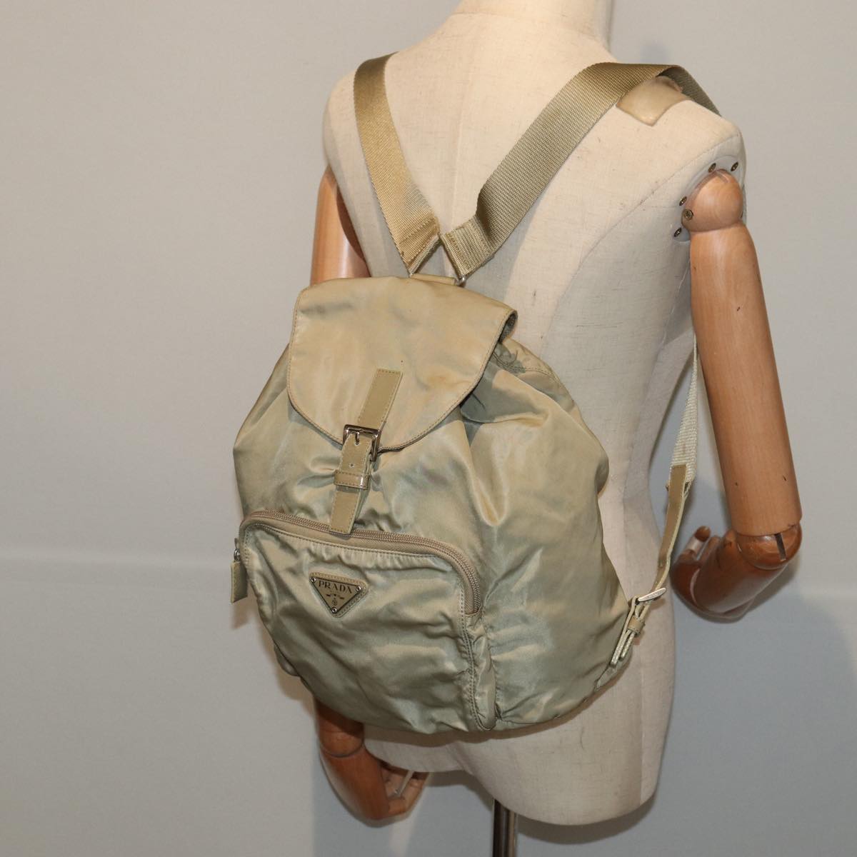 PRADA Backpack Nylon Beige Silver Auth bs16539