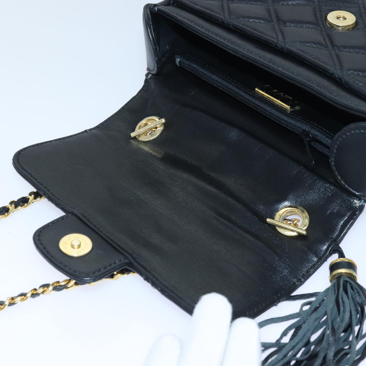 GIVENCHY Chain Shoulder Bag Leather Black Gold Auth bs16601