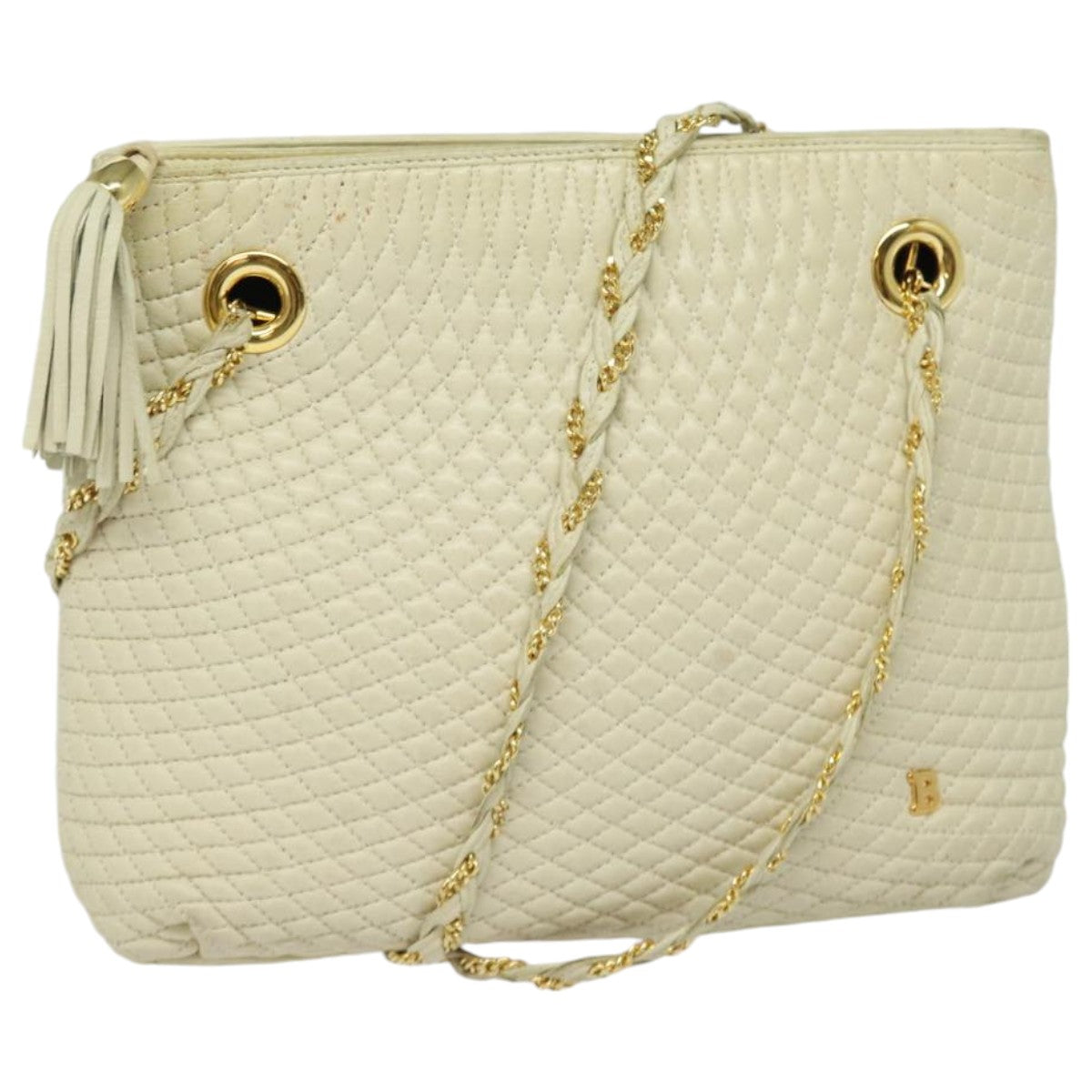 BALLY Chain Shoulder Bag Leather Beige Gold Auth bs16625