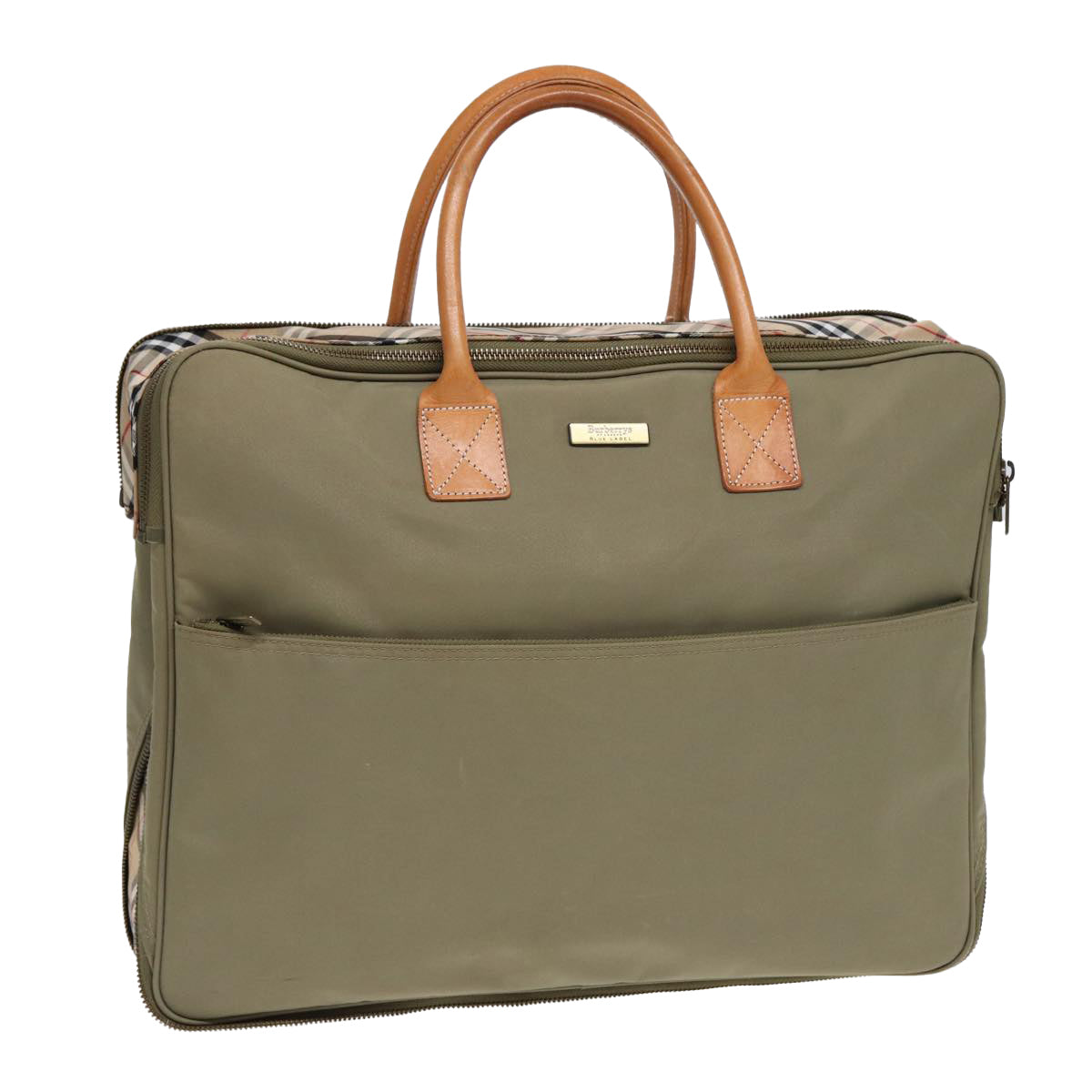 Burberrys Nova Check Blue Label Hand Bag Nylon Khaki Auth bs16643