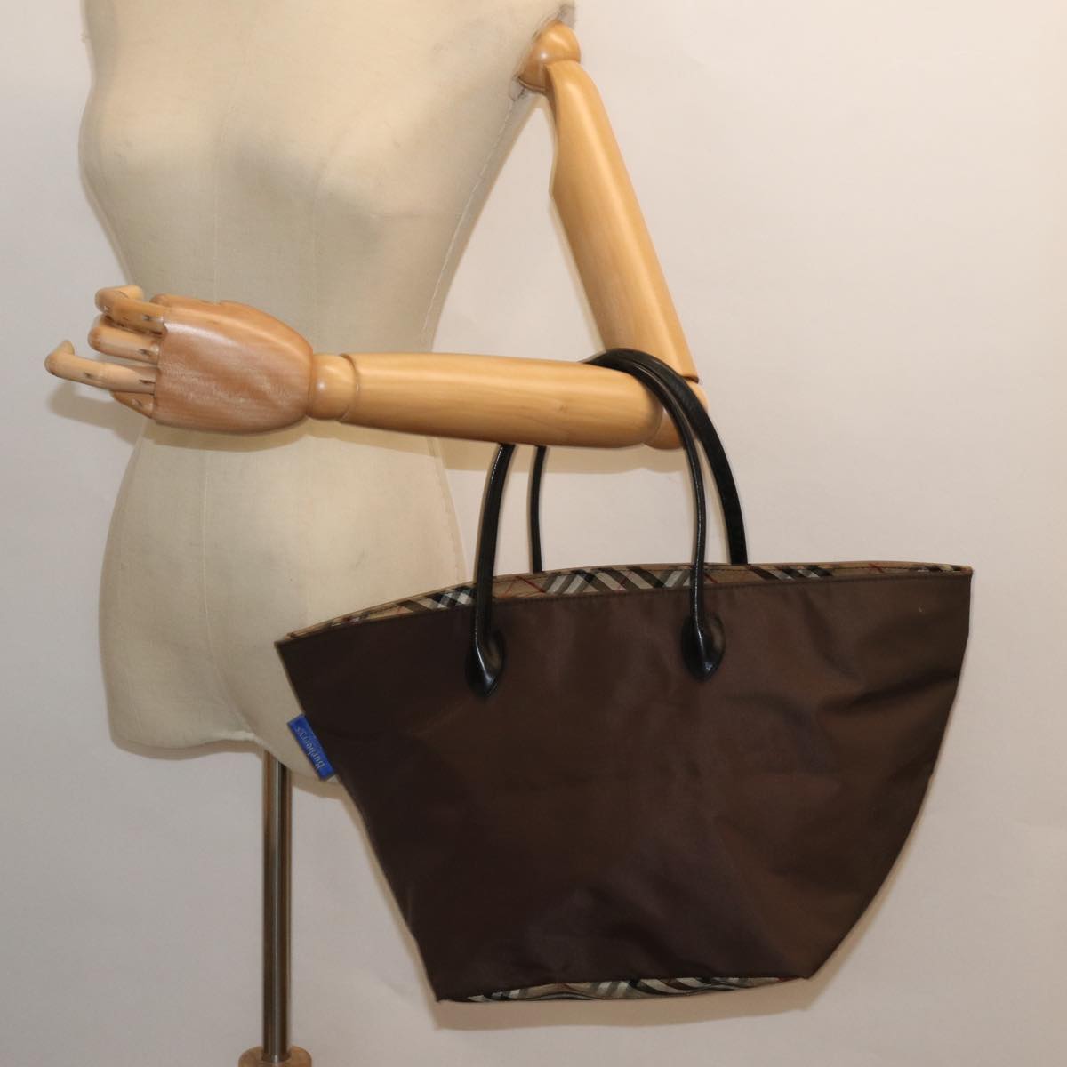 Burberrys Nova Check Blue Label Tote Bag Nylon Beige Brown Silver Auth bs16694