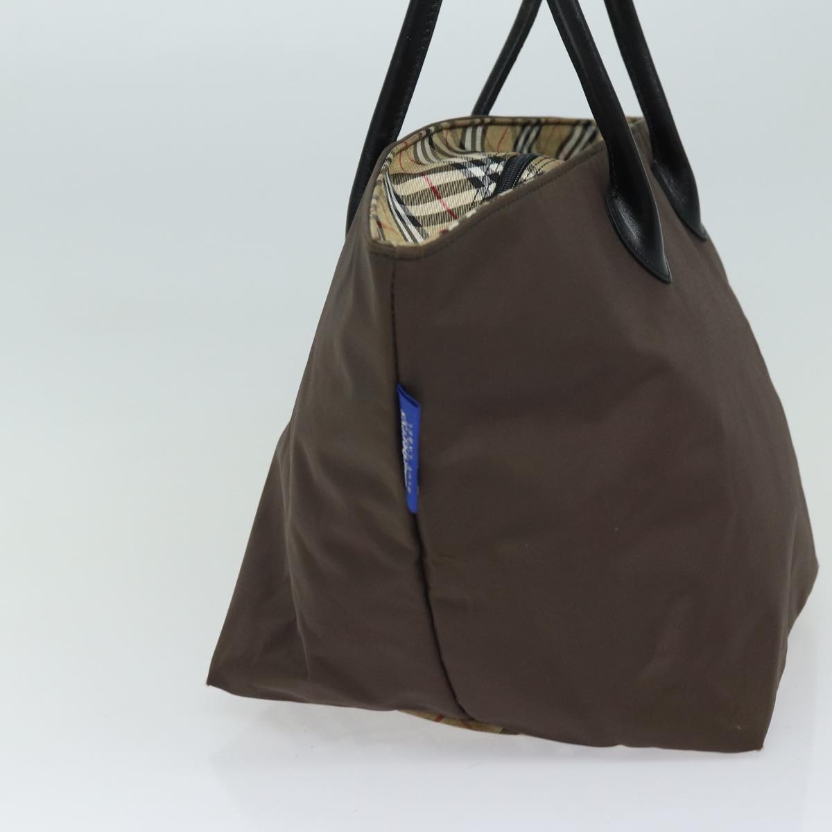 Burberrys Nova Check Blue Label Tote Bag Nylon Beige Brown Silver Auth bs16694