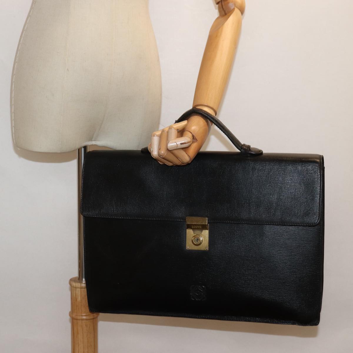 LOEWE Anagram Hand Bag Leather Black Auth bs16704