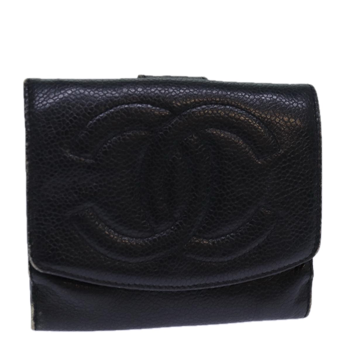 CHANEL COCO Mark Wallet Caviar Skin Black Gold CC Auth bs16752