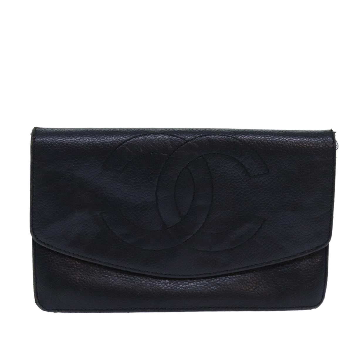 CHANEL COCO Mark Wallet Caviar Skin Black Gold CC Auth bs16759