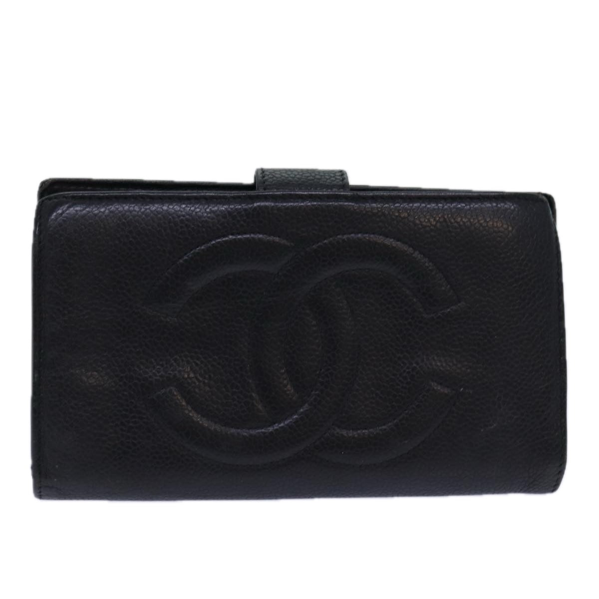 CHANEL COCO Mark Wallet Caviar Skin Black Gold CC Auth bs16762