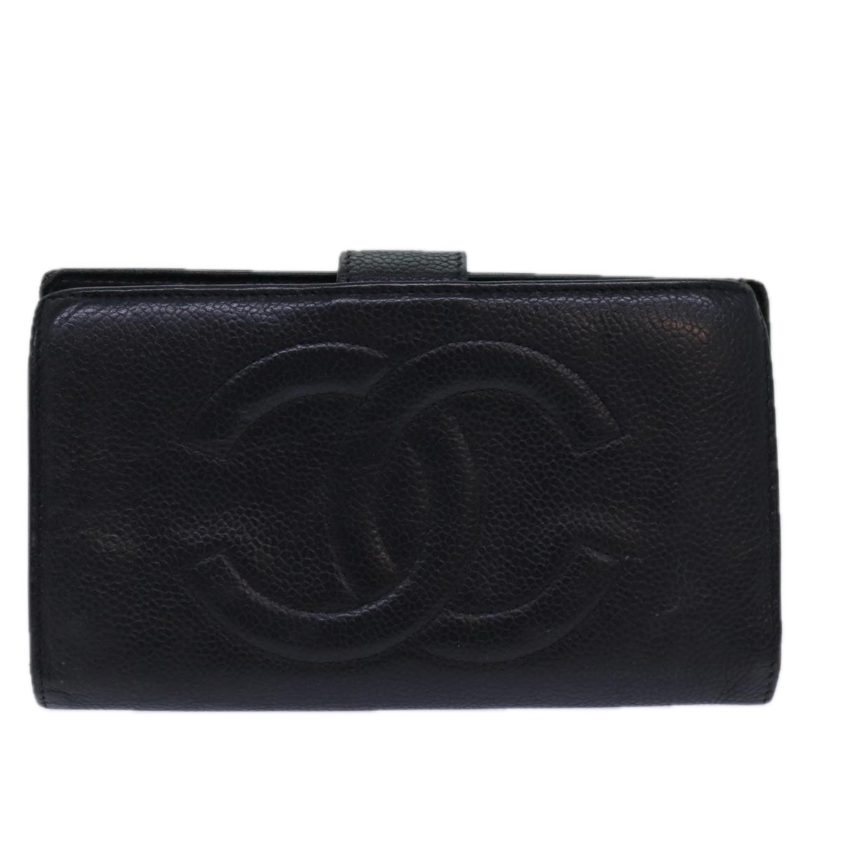 CHANEL COCO Mark Wallet Caviar Skin Black Gold CC Auth bs16762