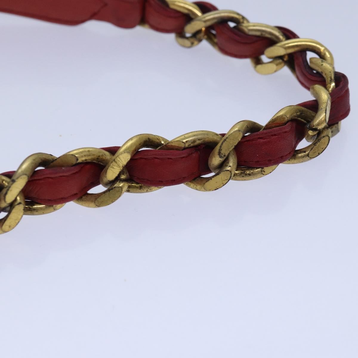 CHANEL Bicolore Chain Belt Leather metal 26.8""-28.7"" Red Gold CC Auth bs16764