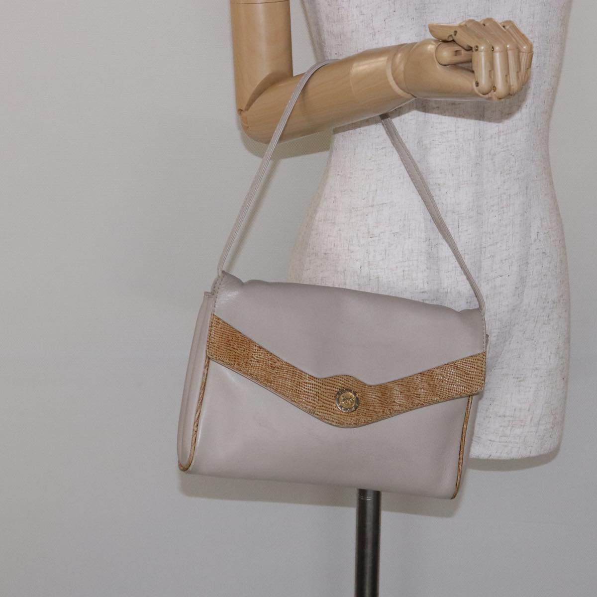 CELINE Hand Bag Leather Beige Auth bs16776