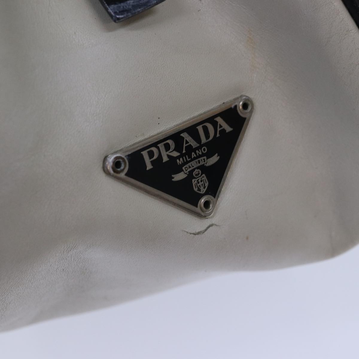 PRADA Hand Bag Leather White Black Silver Auth bs16847