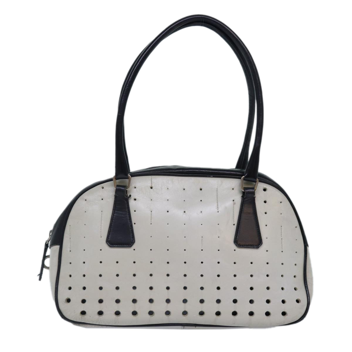 PRADA Hand Bag Leather White Black Silver Auth bs16847