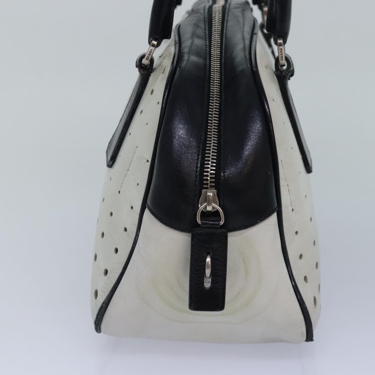 PRADA Hand Bag Leather White Black Silver Auth bs16847