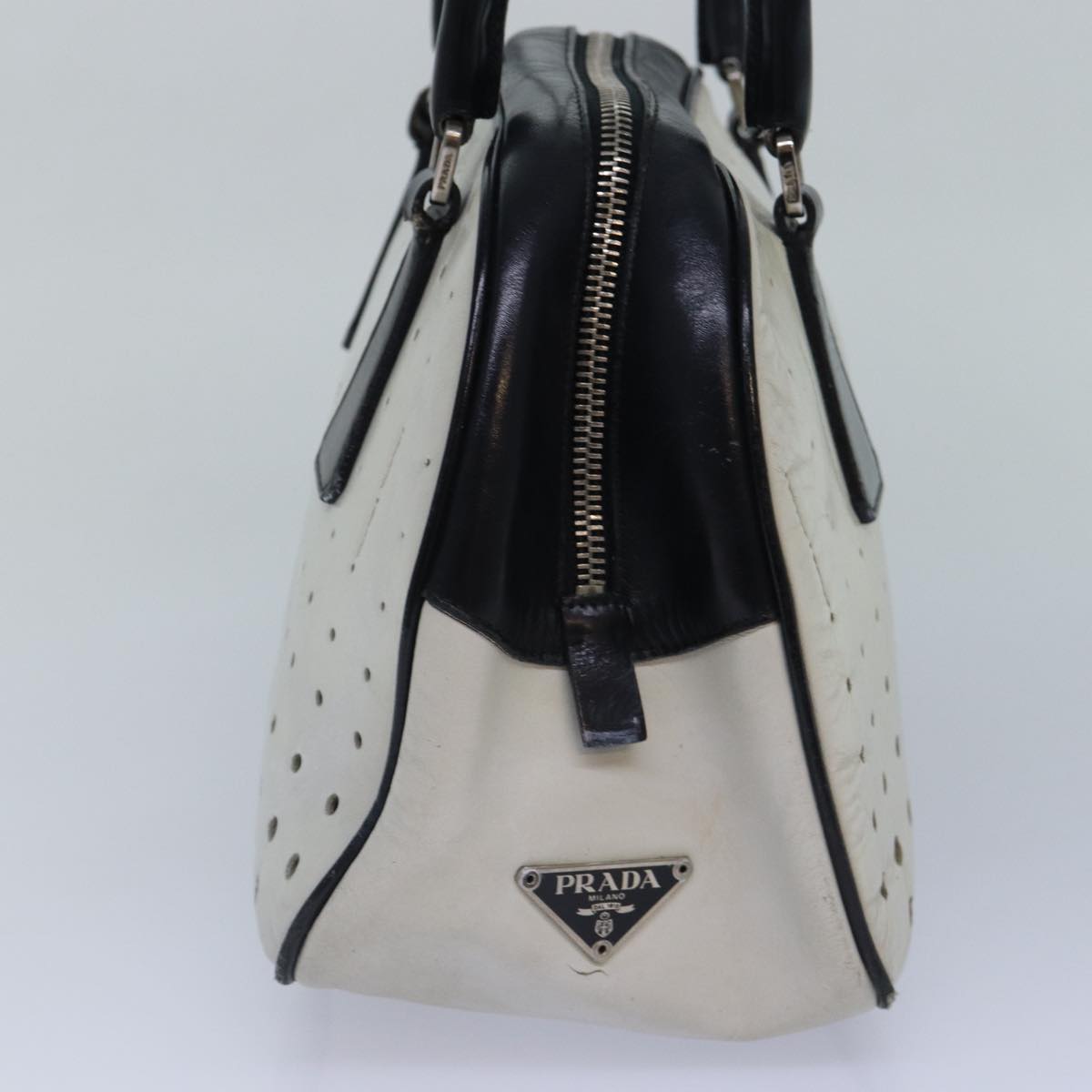 PRADA Hand Bag Leather White Black Silver Auth bs16847