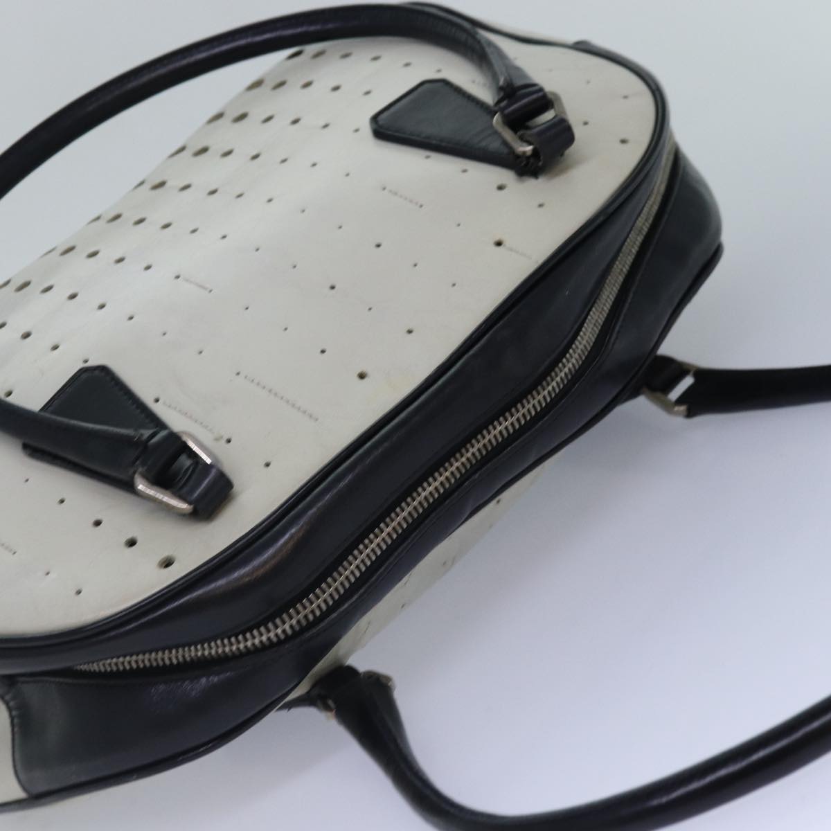 PRADA Hand Bag Leather White Black Silver Auth bs16847