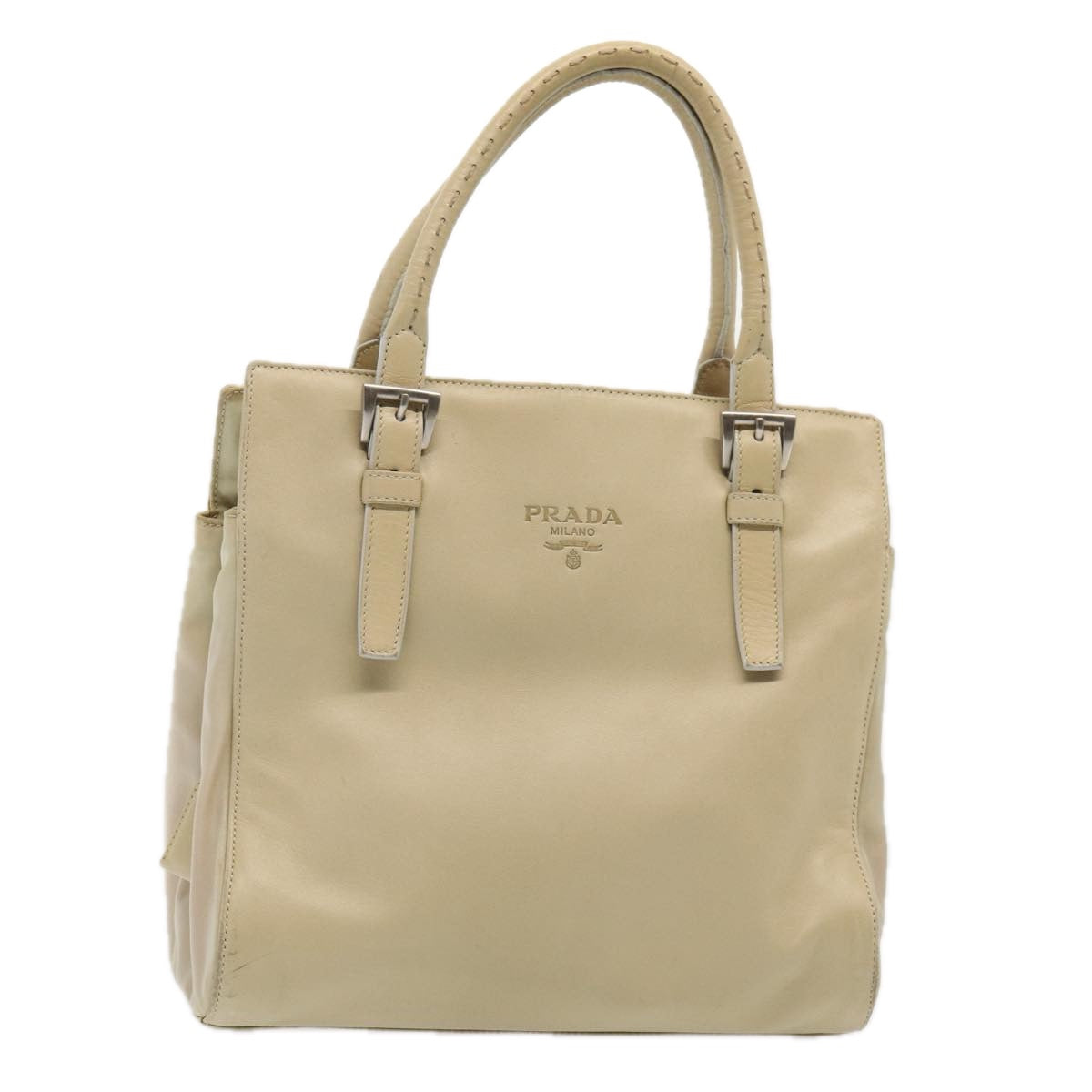 PRADA Hand Bag Leather Beige Auth bs16865