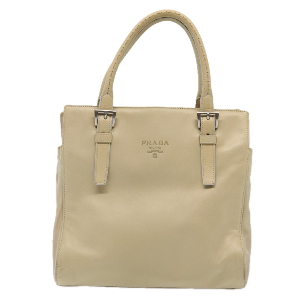 PRADA Hand Bag Leather Beige Auth bs16865