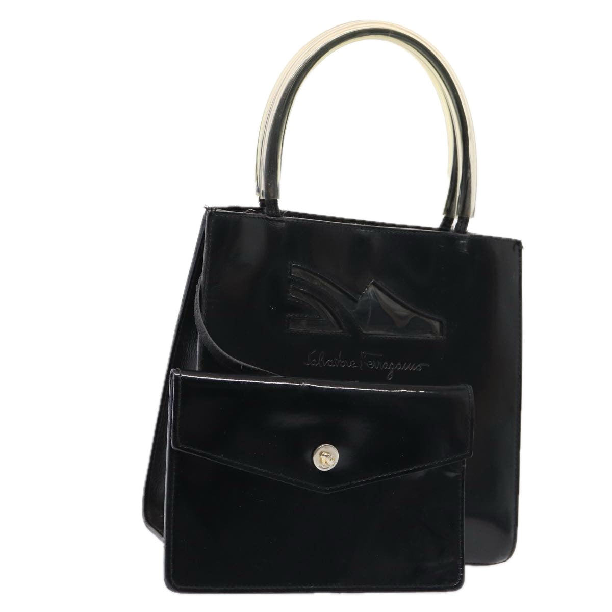 Salvatore Ferragamo Hand Bag Enamel Black Gold Auth bs16870