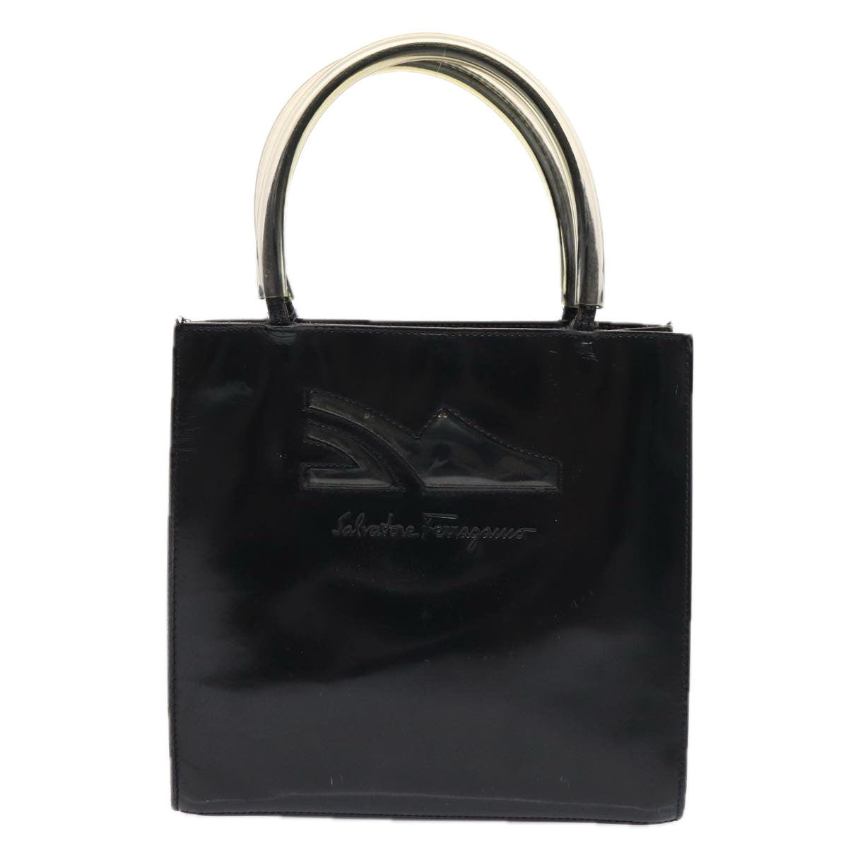 Salvatore Ferragamo Hand Bag Enamel Black Gold Auth bs16870