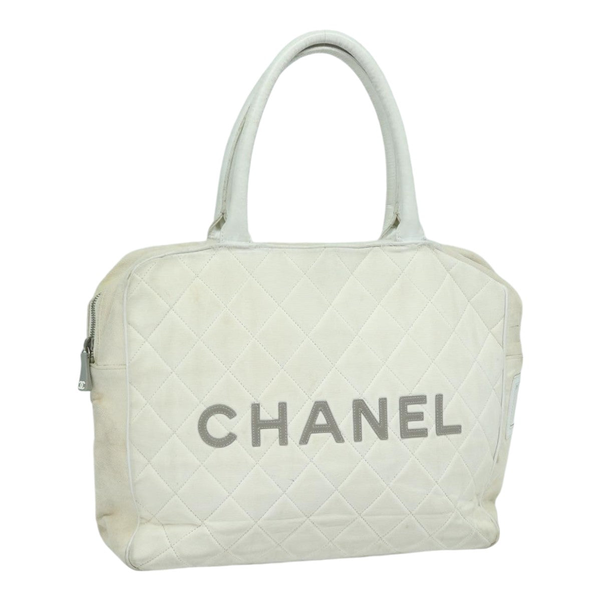 CHANEL Hand Bag Canvas White Silver CC Auth bs16919