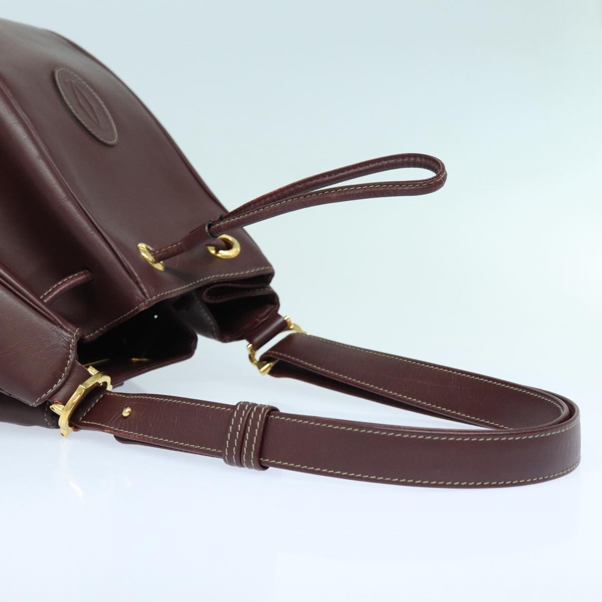 CARTIER Shoulder Bag Leather Bordeaux Gold Auth bs16936