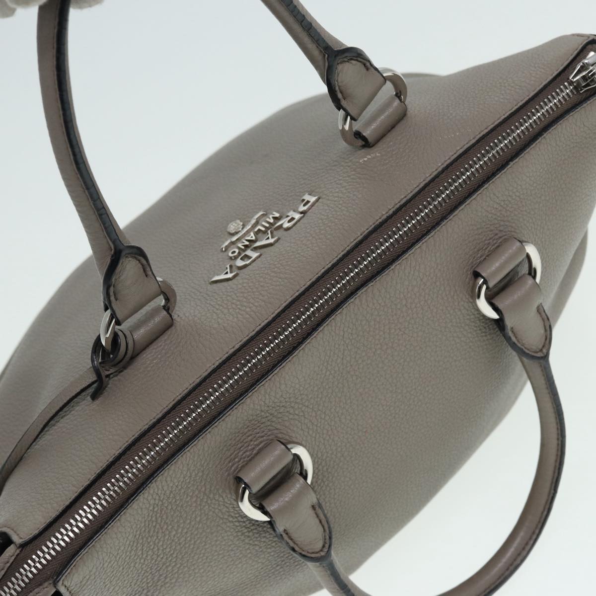 PRADA Hand Bag Leather Gray Silver Auth bs16963