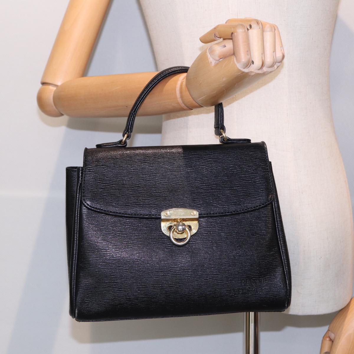 Gianni Versace Hand Bag Leather Black Gold Auth bs17022