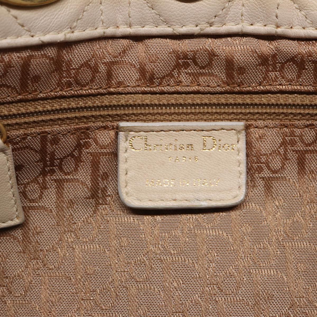 Christian Dior Lady Dior Canage Hand Bag Leather Cream Gold Auth bs17094