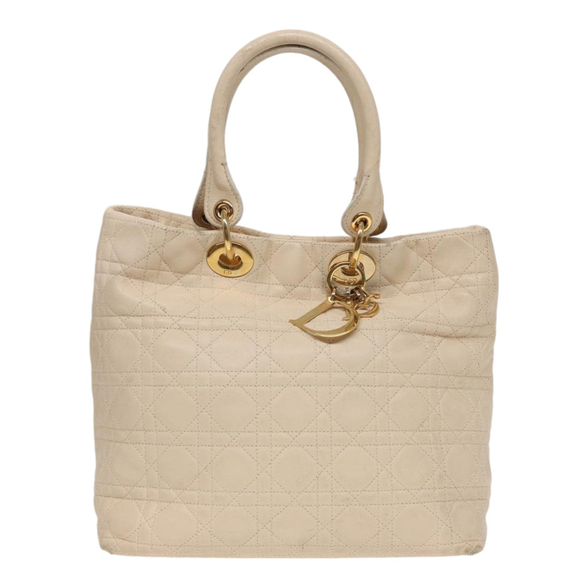 Christian Dior Lady Dior Canage Hand Bag Leather Cream Gold Auth bs17094