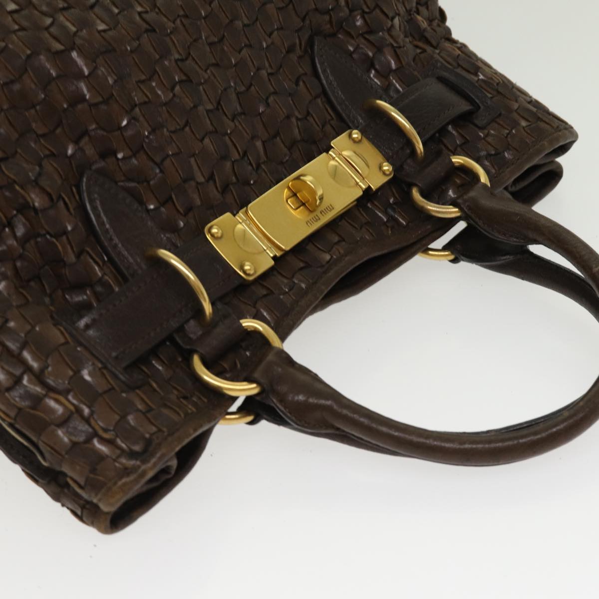 Miu Miu Hand Bag Leather 2way Brown Gold Auth bs17107